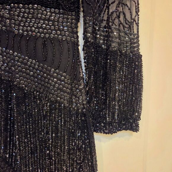 Aidan Mattox Black Sequin Beaded Sheath Evening Cocktail Long Sleeve Dress 6 - Picture 5 of 10